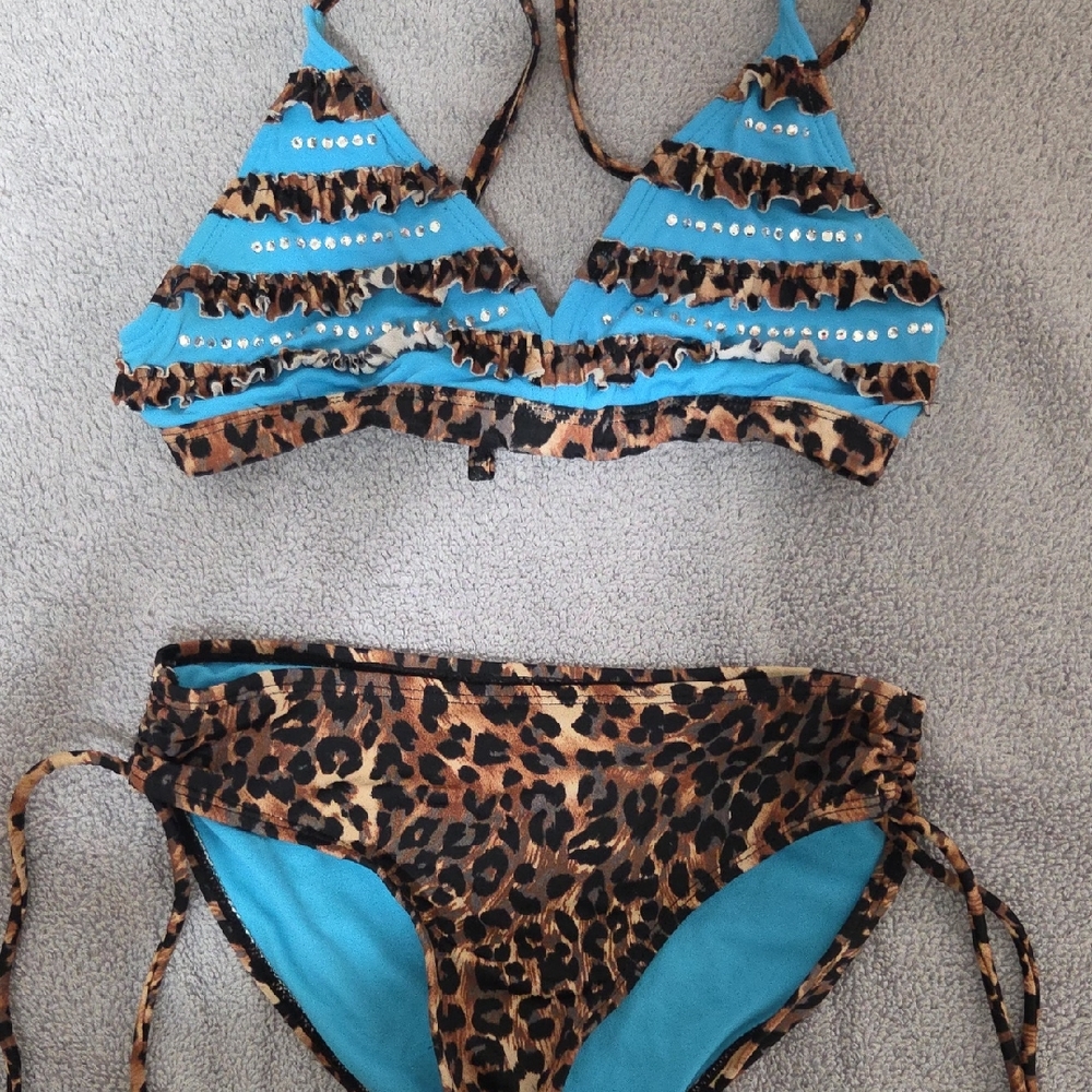 Justice Kids Leopard & Turquoise Ruffled Bikini Set